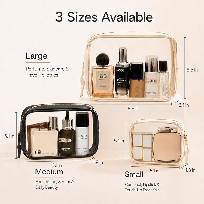 Clear Makeup Bags with Zipper, TSA Approved Travel Toiletry Bag,Clear Cosmetic Bag, Waterproof Make Up Bag for Women (Stand-up, Black, 1 Small + 1 Medium + 1 Large)