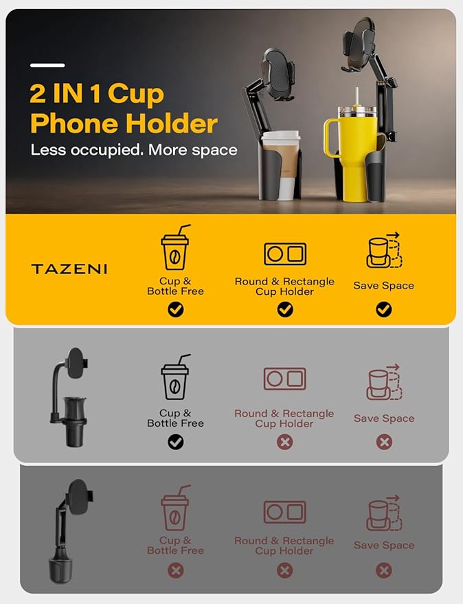 2-in-1 Cup Holder Cell Phone Holder for Your Car Bottle Friendly Cup Cell Phone Holder Mount for Car Height Adjustable Sturdy Fit 4.7-7 inches Phones