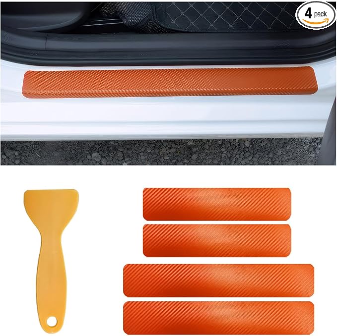 4 PCS Car Door Sill Protectors, Anti Scratch Carbon Fiber Auto Threshold Cover Strips, Decorative Door Entry Edge Scuff Sticker Universal for Most Vehicles, Car Accessories (Orange 3D)