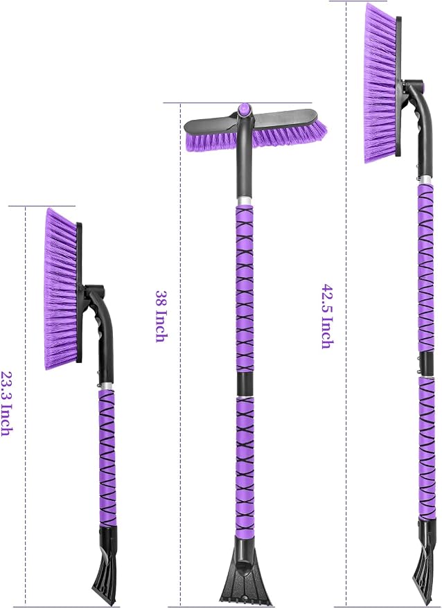 42.5 Inch Car Scraper Snow Brush, 12.6 Inch Large Brush Head with Ice Scraper for Window Windshield, Portable Snow Scraper for SUV Truck Vehicle RV Auto - Purple