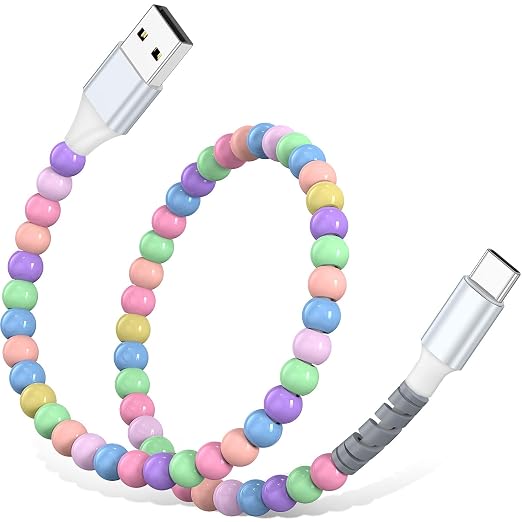 USB A to USB C Cable 1FT,Beaded Charger Cord for iPhone 17 16 Pro Max 15 for Carplay,Type C Fast Car Charger Cord for iPad 10 11th A16/Samsung S26 S25 S24 S23 FE/Pixel/Android Phones Cute Girls Women