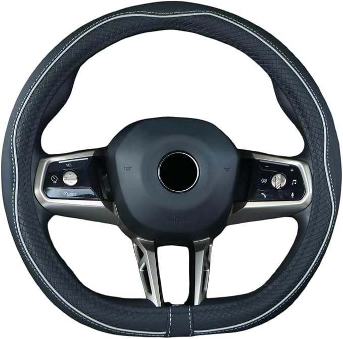 Flat Bottom Steering Wheel Cover Anti-Slip,Safety,Soft,Breathable,Durable,Full Surround,Comfortable Grip Microfiber Leather (D Shape, Black Gray)