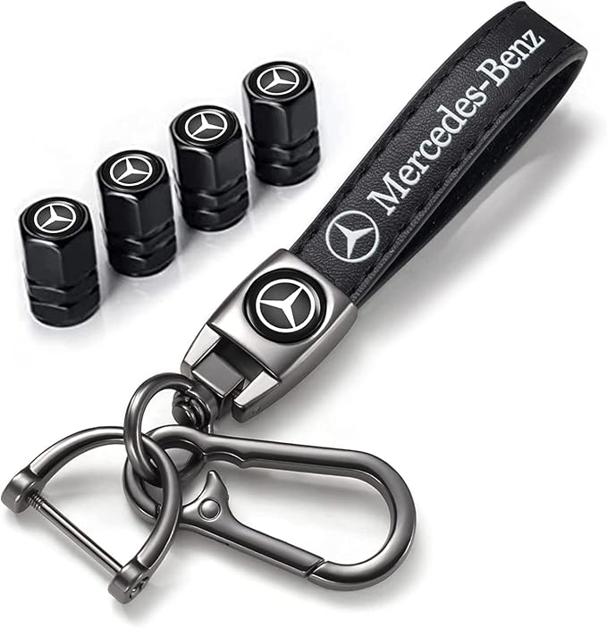 Car Keychain and Car Tire Valve Stem Caps Combo Compatible with Mercedes Benz C E S M Serie CLK GLK GL AB AMG GLS GLE AMG Keyring for Men and Women Family Present Car Accessories