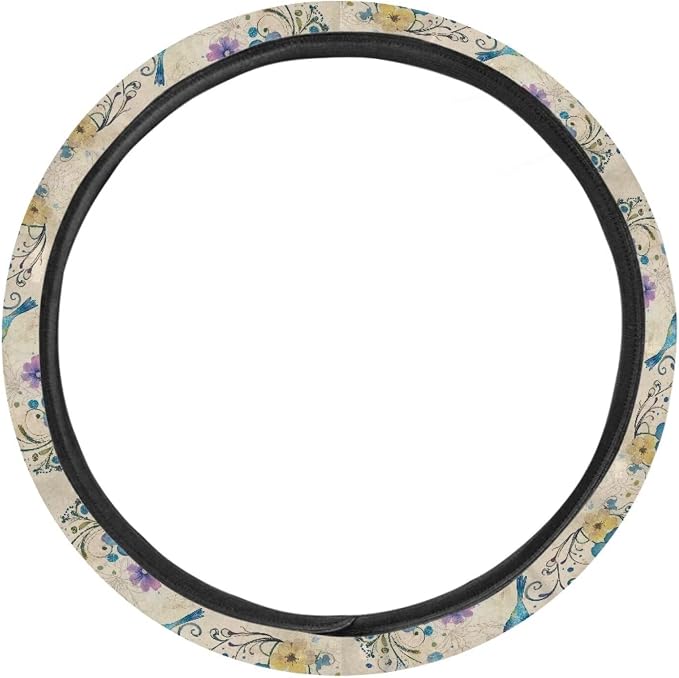 Comfortable Car Steering Wheel Cover Hummingbird Flower Blue Pattern Auto Steering Wheel Protector with Anti-Slip Lining Car Interior Accessories Universal Fit Car SUV Van Truck