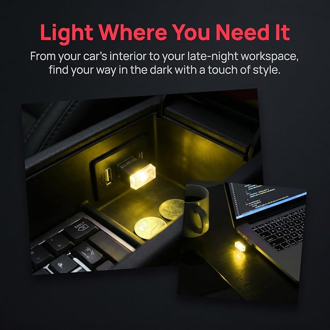 4PCS USB LED Car Interior Atmosphere Lamp, Portable Mini, Yellow | 5V USB-A plug-in, soft accent glow, no wiring, decor night light, car accessories for cars, SUVs, trucks