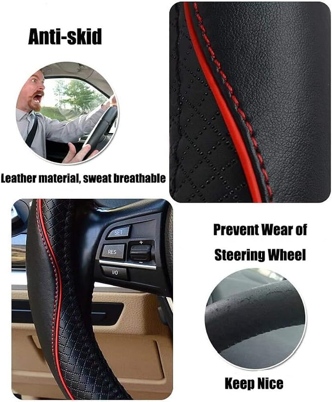Steering Wheel Covers Universal 15 inch - Genuine Leather, Breathable, Anti Slip & Odor Free (Black with Red Lines, M(14" 1/2-15" 1/4))