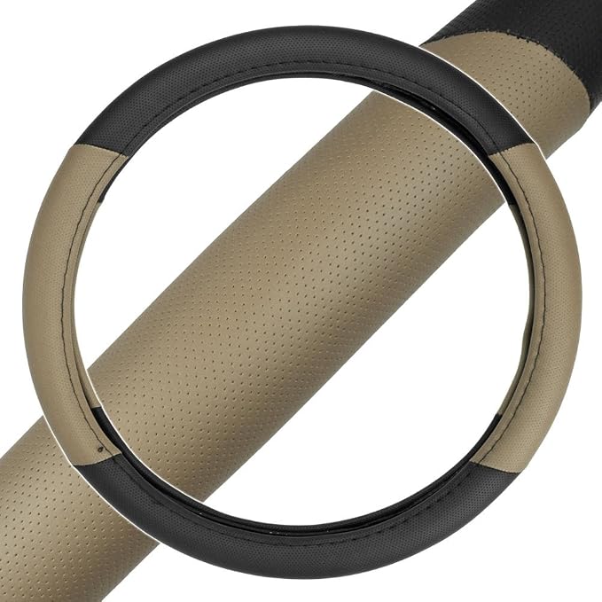 Two Tone Perforated PU Leather Steering Wheel Cover for Car Van SUV Truck, 14.5 to 15 inch, Standard, Beige