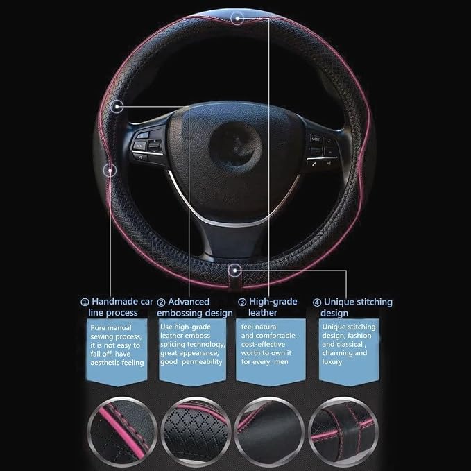 ESEWALAS Universal Car Steering Wheel Cover,Anti-Slip Leather Steering Wheel Cover,Sports Style Steering Wheel Protector,Car Interior Accessories Steering Wheel (Black with Pink)