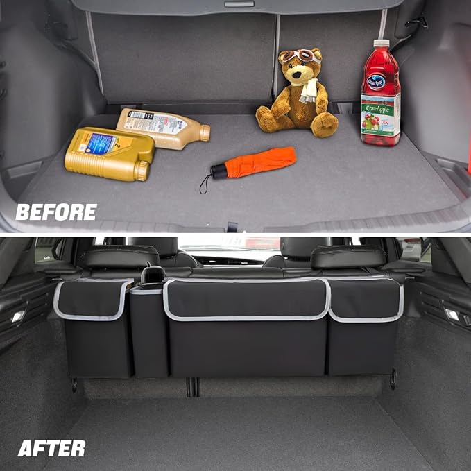 Car Trunk Organizer, Backseat Hanging Large Storage with Adjustable Straps, Waterproof Collapsible Cargo Bag with 4 Pockets, Sturdy Space Saver Frees Trunk Floor for SUV, Truck, MPV