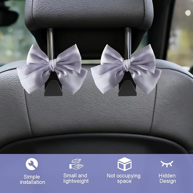2PCS Car Seat Headrest Hook, Cute Bow Stylish Seat Back Purse Handbag Hanger Organizer, Multi-Purpose Auto Backseat Storage Hook Holder for Umbrella Coat Bag, Universal Fit (Purple)