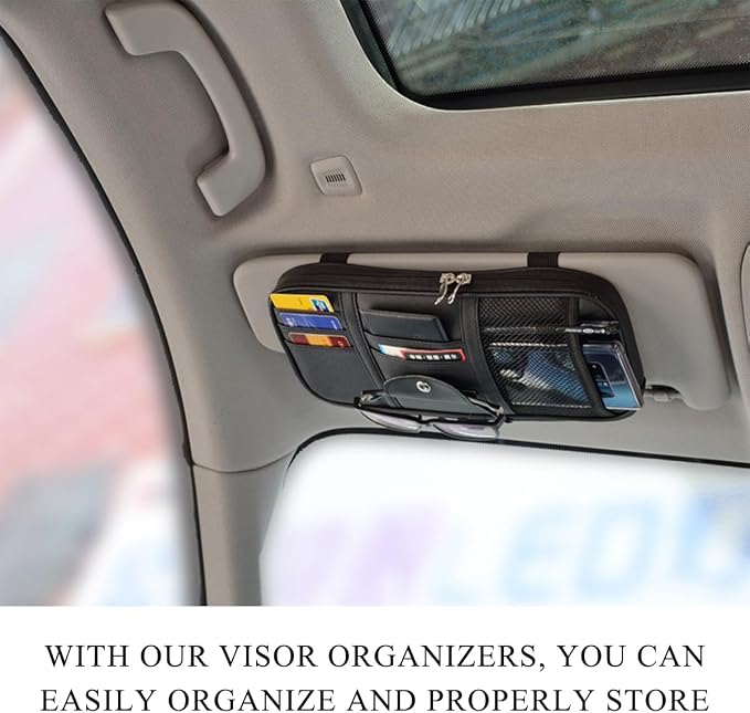 Car Sun Visor Organizer, Double Zipper Leather Visor Storage Pouch with Multi-Pocket, Sunglass Holder Storage Pocket with Elastic Band for Cars SUVs Trucks, Car Accessories (Black)