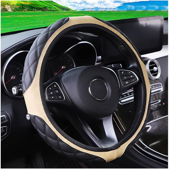 15 Inch Car Leather Steering Wheel Cover, Automotive Accessories Elastic Breathable Anti-Slip Soft Wheel Protector Fits Men and Women, Suitable for SUVs, Trucks, Vehicles and RVs (Beige)