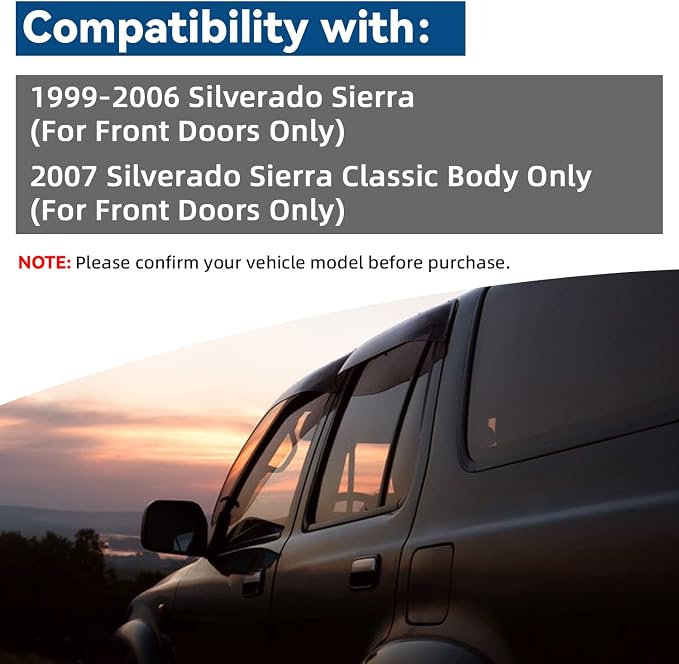 2pcs Front Doors Smoke Sun/Rain Guard Outside Mount Tape-On Window Visors Compatible with 99-06 Silverado Sierra 1500/2500/3500 HD 07 Classic Body
