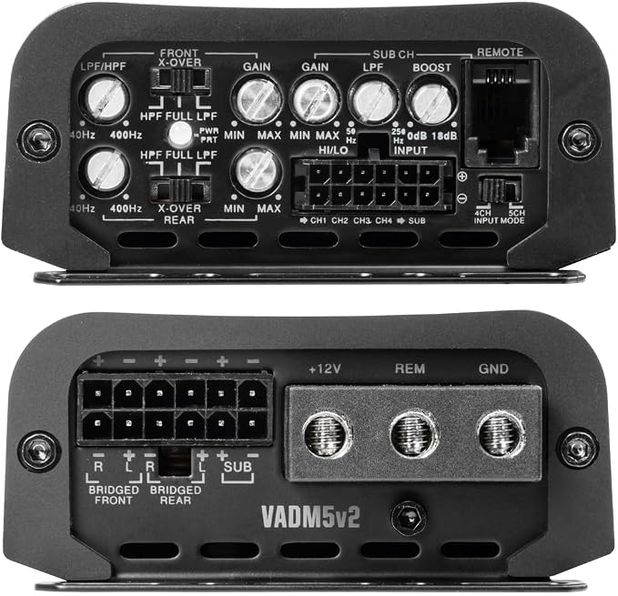 VADM5 v2 Model 1500W Peak (750W RMS) V-Series Micro Full-Range Class D Compact 5-Channel Car/Marine/Powersports Amplifier with Remote Bass Knob (VADM5v2)