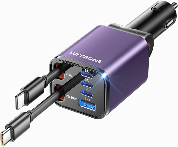 [Upgraded] 6 in 1 Retractable Car Charger, Smaller Fast Car Phone Charger 99W with Cord, USB C and iPhone Car Charger Adapter, Compatible iPhone 17/17 Pro Max/16/15/14/13/12/11, Sumsung