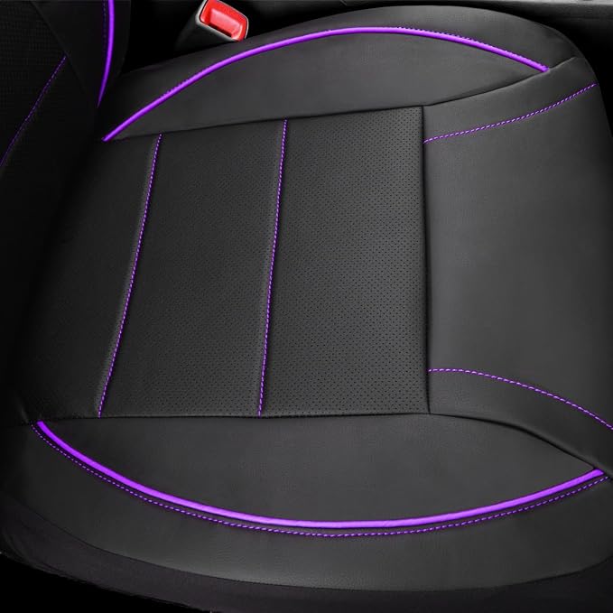 Universal FIT Piping Leather Two Front Seat Covers, Waterproof Faux Leather for SUV Sedan Van Truck, Airbag Compatible,Reserved Opening Holes for Headrest Covers(Black and Purple)