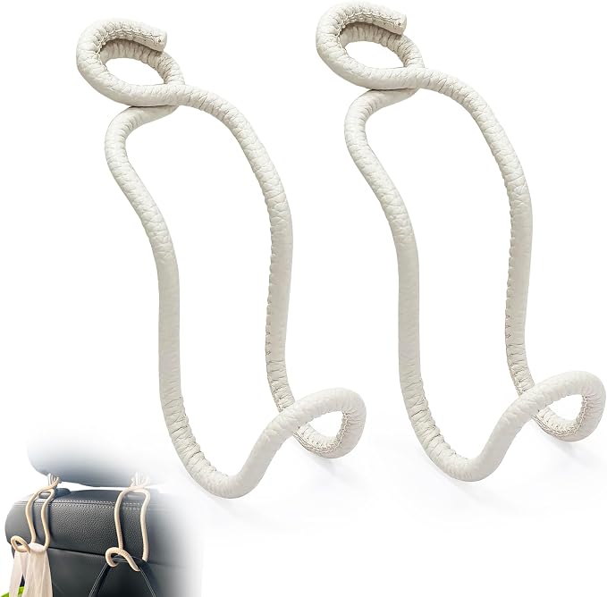 Car Seat Back Organizer Hooks 2 Pack with Anti-Drop Loop - Beige Leather/2S | Space Saving Car Headrest Hangers for Women Men, Universal Car Bag Holder for SUV Truck for Front and Back Seat Storage