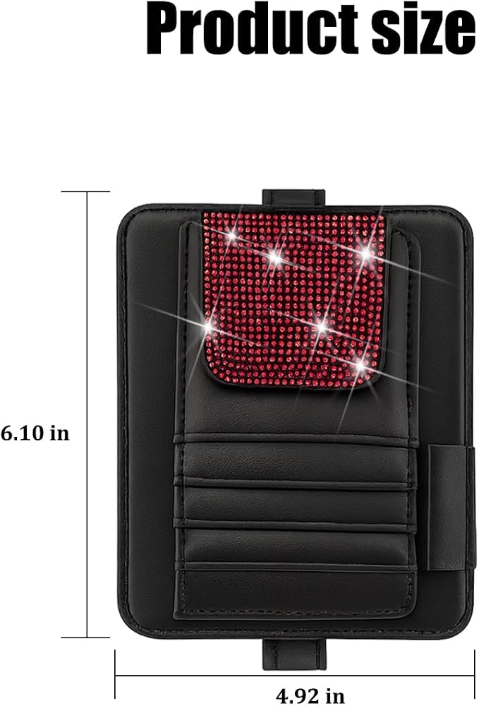 Bling Car Sun Visor Organizer, Multi Pocket Crystal Rhinestone Vehicle Sunshade Card Sleeve Storage Pouch with Pen Sunglass Holder, Auto Interior Visor Organizer Pouch, Universal Fit (Red)