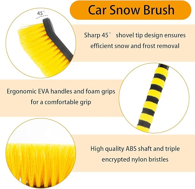 27” Snow Brush & Detachable Ice Scraper 2-in-1, Scratch-Free Split Bristles, Extendable 27-39” EVA Foam Grip, PVC Squeegee Snow Shovel with Guide Channel for Car Windshield/Truck/SUV