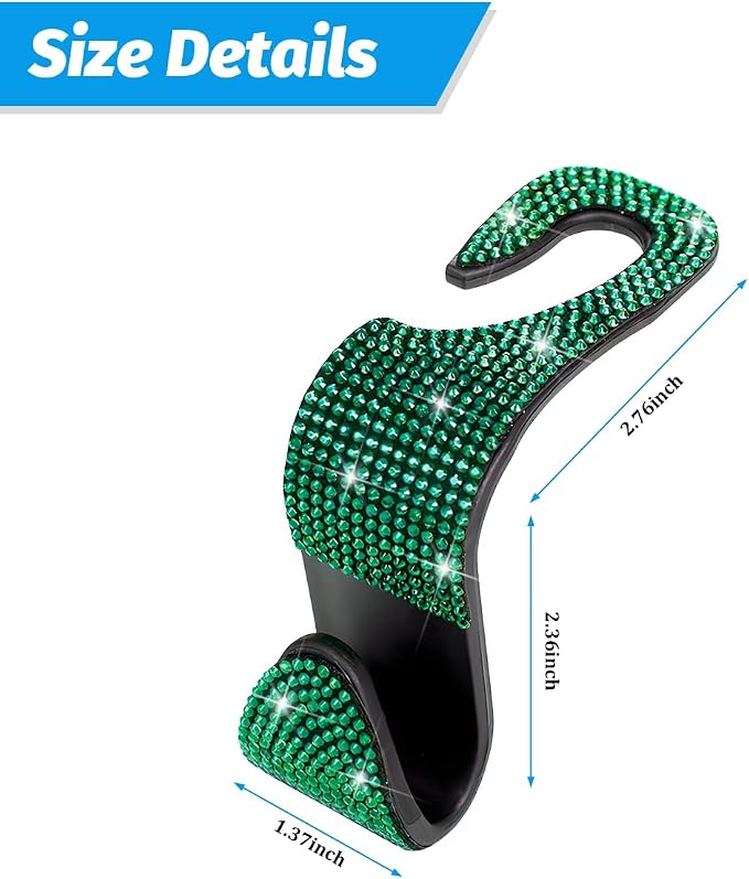 Zpana 4PCS Bling Car Seat Headrest Hooks, Vehicle Back Seat Purse Handbag Hanging Holder with Crystal Rhinestone, Diamond Storage Organizer Hook, Universal Automotive Accessories (Green)