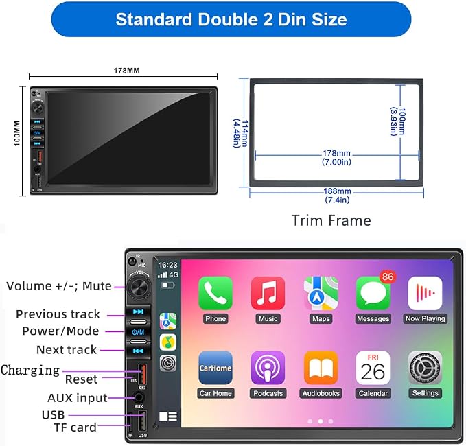 7 Inch Double Din Car Stereo for Wireless Carplay & Android Auto, Car Audio with 1024 * 600 HD Touch Screen ， Mirror Link, Bluetooth5.2,2USB/AUX/TF,AM/FM Radio