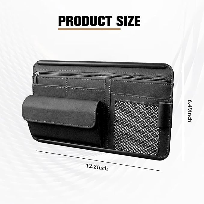 Car Sun Visor Organizer with Zipper Pocket, Multi-Pocket Vehicle Visor Storage Pouch with Card Sleeve, Eyeglasses Holder Box, Auto Interior Sunvisor Organizer Pocket, Universal Fit (Black)