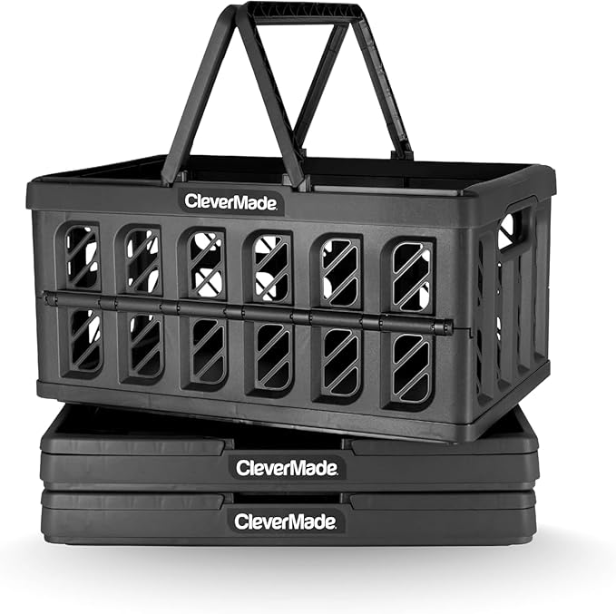 Collapsible Shopping Basket with Handles – 24L 3 Pack Collapsible Grocery Tote, Plastic Storage Baskets Fold Flat, Stackable Collapsible Storage Bins for Car & Home - Obsidian