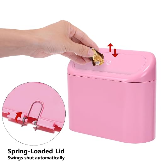 2 Pack Mini Car Trash Can with Lid, Small Car Garbage Can, Cute Leakproof ABS Trash Bin, Auto Accessories for Interior, Garbage Bin for Home, Office with 120pcs Trash Bags Pink