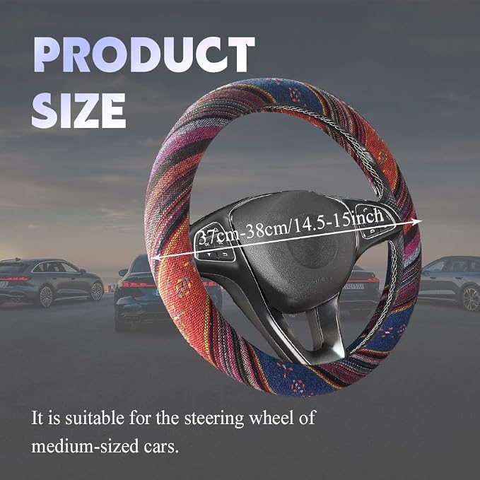 Boho Steering Wheel Cover, Steering Wheel Cover Women, 15 inch Hippie Style Protector Covers, Universal Ethnic Flax Cloth Car Accessories Universal for SUV Van Truck (Hippie-C)