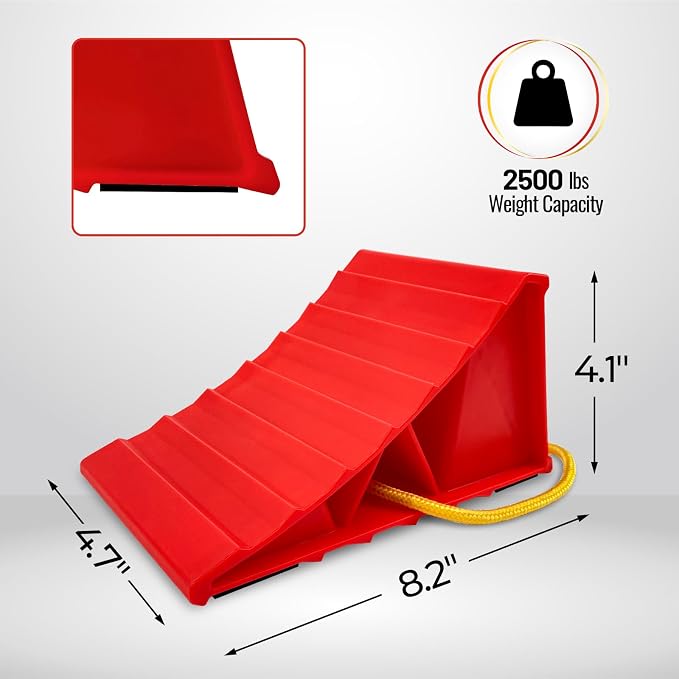 2 Pair Wheel Chocks for Travel Trailers, Non Slip Heavy Duty Red Wheel Chock with Rope, Lightweight Wheel Stoppers for Cars Campers Trucks RVs, Easy to Carry & Suitable for Most Tyre Sizes