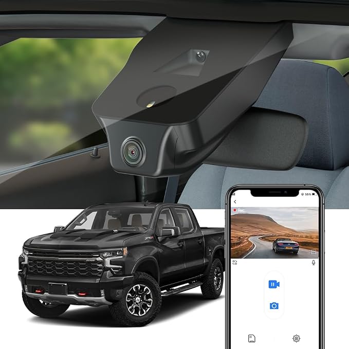 4K Dash Cam Suitable for Chevy Silverado 2022-2025 (HD2-4925, 8 Vents) 1500 2500HD 3500HD & EV, OEM Style, 2160P UHD Video, WiFi & APP, Loop Recording, G-Sensor, Plug & Play, 64GB Card