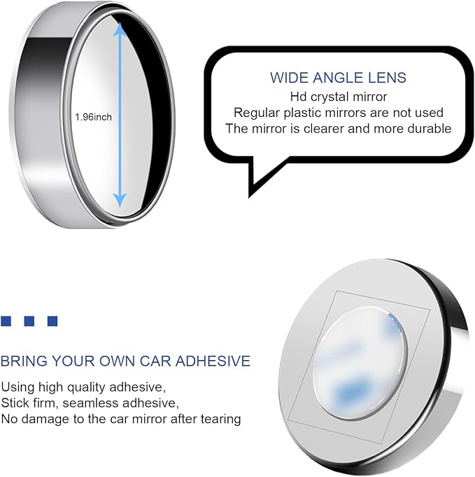 2 PCS Car Blind Spot Mirror, 1.97" HD Anti-Scratch Safe Blind Spot Rearview Mirror, 360° Rotatable Adjustable Wide Angle Auxiliary Side View Mirror, Universal for Most Cars (Silver)