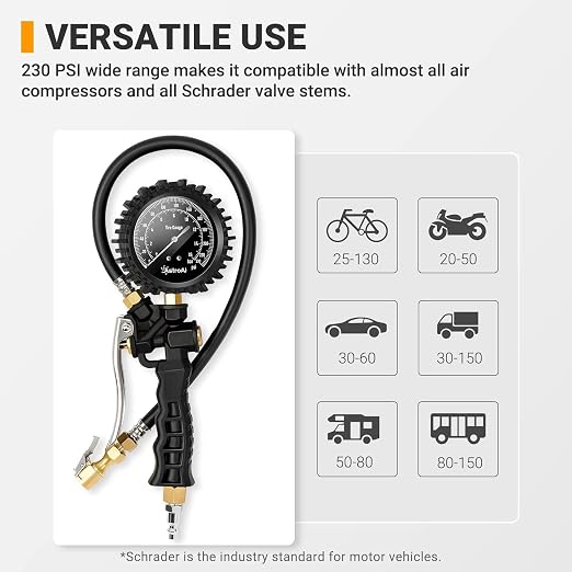 Tire Pressure Gauge with Inflator, 230 PSI Heavy Duty with Air Chuck Compressor Accessories， 360° Rotatable Dial and Air Chuck, Compatible with Bicycle/Truck/SUV/Motorcyle/RV