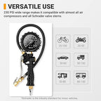 Tire Pressure Gauge with Inflator, 230 PSI Heavy Duty with Air Chuck Compressor Accessories， 360° Rotatable Dial and Air Chuck, Compatible with Bicycle/Truck/SUV/Motorcyle/RV