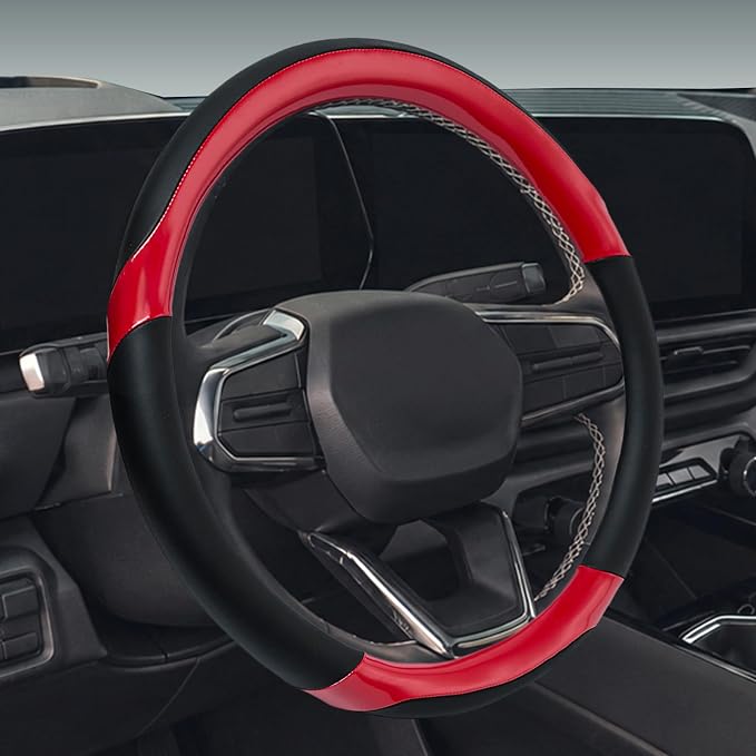 Leather Steering Wheel Cover for Chevy Silverado 1500 2500 3500, 14.5-15 inches Car Steering Wheel Cover with Non-Slip Breathable (Bright Red)