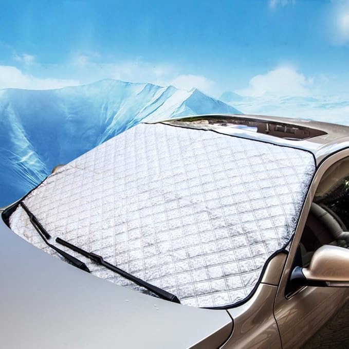 Car Windshield Snow Cover with 4 Layers Protection Winter Frost Snow Ice Cover Auto Sun Shade for Cars Trucks Vans and SUVs(No Elastic Bands Included)