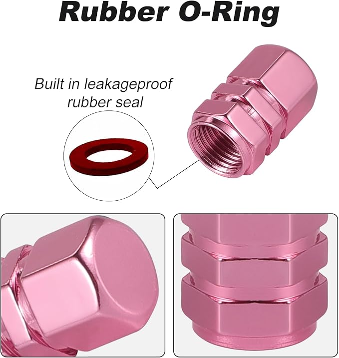 Aluminum Tire Stem Valve Caps Wheel Valve Covers Car Dustproof Tire Cap Cover Accessories, Universal for SUV, Car, Bike and Motorcycle，Hexagon Shape (Pink)
