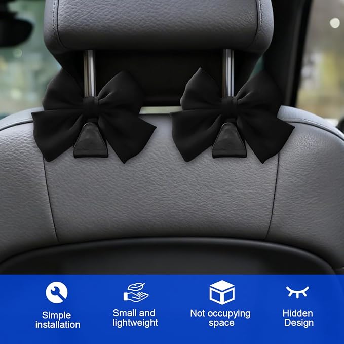 2PCS Car Seat Headrest Hook, Cute Bow Backseat Hanger Holder for Purse Bag Handbag Coat, Auto Interior Seat Back Grocery Storage Organizer Hook, Universal for Vehicles (Black)