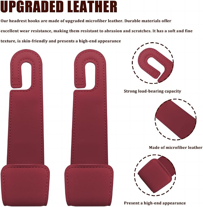 Car Seat Headrest Hooks, Purse Hook for Car, Automotive Headrest Handbags Holder, Auto Accessories Leather Seatback Organizer Hanger for Hanging Purses Bags Coats (Red, 1PCS)