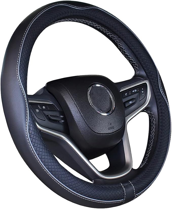 Universal Standard Size Steering Wheel Cover Anti-Slip,Safety,Soft,Breathable,Durable,Full Surround,Comfortable Grip Microfiber Leather (14.5-15 inch,Black Gray)