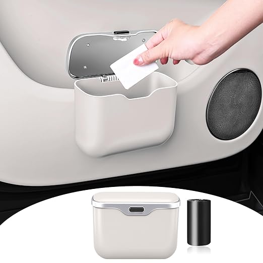 Car Trash Can, Waterproof Multi‑Functional Auto Trash Bin for Door/Console/Seat Back, Universal Vehicle Garbage Can for Car/Truck/SUV Drivers (White)