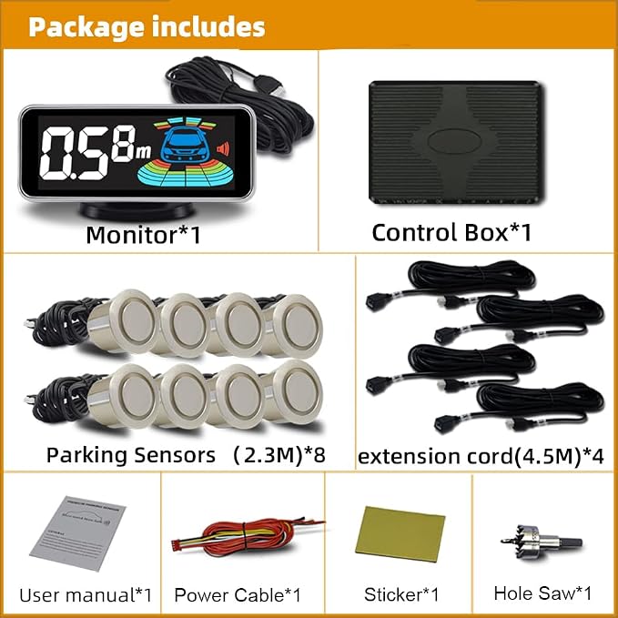 Car 8 Parking Sensors Kit Assist System Reverse Front and Rear Reverse Radar parktronic Auto Electronics Vehicle Back Assistant Reverse (Gold)