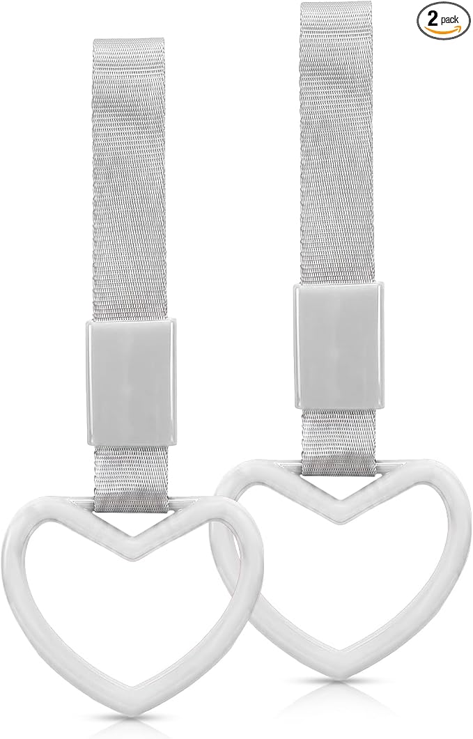2 Pcs Heart Shaped Car Handle Strap – JD M Drift Charm Rear Bumper Warning Ring Decor for Car Interior Exterior, Subway Bus Handle Accessory, Cute Heart Car Decor Gift for Drivers (White-Silver)