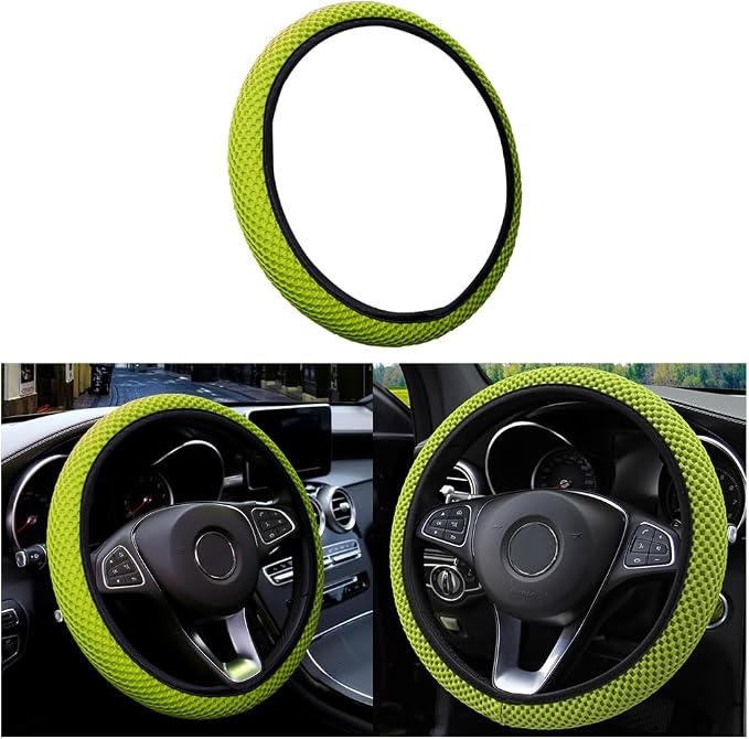 Moly Magnolia Elastic Stretch Steering Wheel Cover, Universal 15 Inch Automotive Steering Wheel Cover, Microfiber Breathable Anti-Slip Odorless Ice Silk, Warm in Winter Cool in Summer (Grass Green)