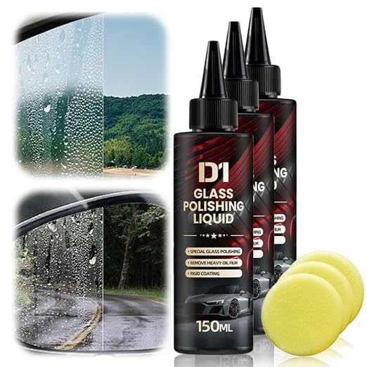 D1 Glass Polishing Liquid, 2025 Upgrade Car Glass Oil Film Remover and Auto Scratch Repair Compound, Car Glasses Polishing Compound, Anti-Fog Hydrophobic Coating Spray with Sponge (3)
