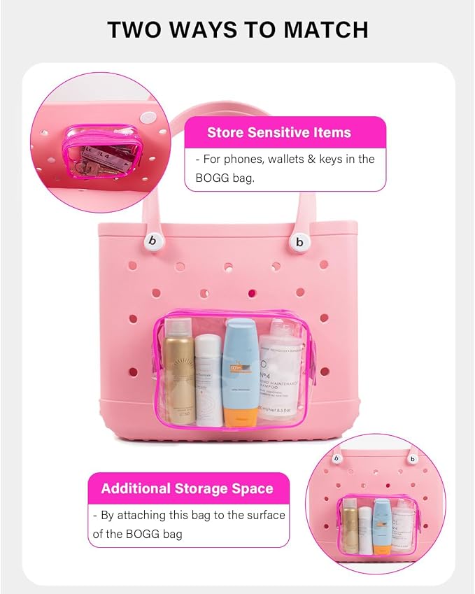 4 Pack Clear Bogg Beach Makup Bag Accessories with 3 Pack Insert Hooks for Bogg Bags, Clear Bogg Makeup Pouches Phone Holder for Bogg Bags Divider Storage Inner Compatible Pouch Travel Cosmetic Bag