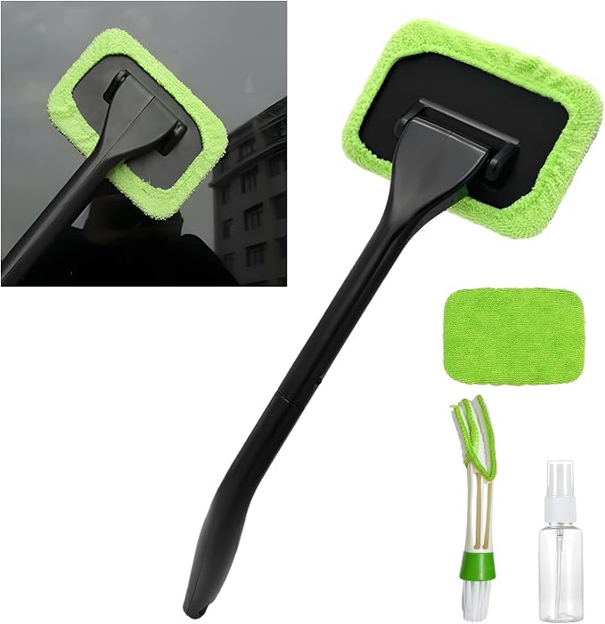 Car Windshield Cleaning Tool, Detachable Window Cleaner with Reusable Microfiber Pads & Spray Bottle, Glass Wiper Windshield Detailing Cleaning Kit for Most Cars Trucks SUVs