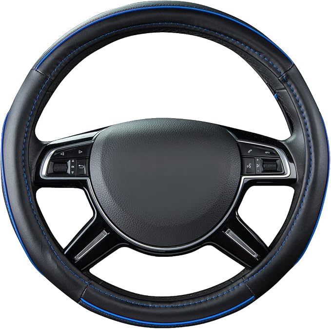 Colour Piping Leather Universal Fit Steering Wheel Cover,Perfectly fit for 14.5-15 inches Suvs, Vans, Trucks, Sedans, Cars (Black&Blue)