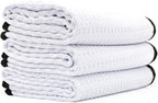 Dry Me A River, Professional Korean 70/30 Blend Microfiber Waffle-Weave Drying & Detailing Towels, Soft Suede Edges, 390 GSM, 16x24 Inches, White, 3-Pack