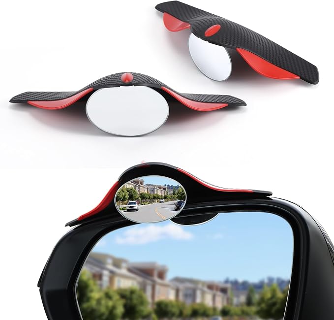 Blind Spot Mirror with Side Mirror Rain Guard, HD Glass Frameless Convex, Carbon Fiber 2-in-1 Side Mirror Covers Kit with Wide Angle Adjustable Stick for Cars SUV and Trucks, Pack of 2